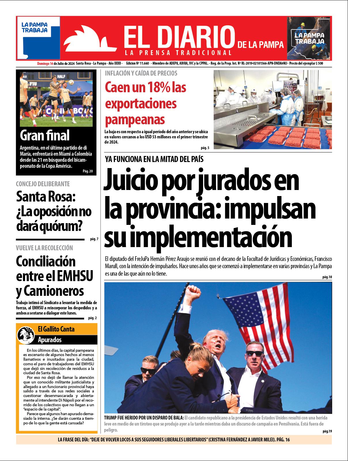 Tapa de El Diario en papel  domingo 14 de julio de 2024